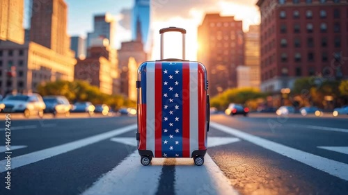 suitcase in american flag colors with new york city in the background
