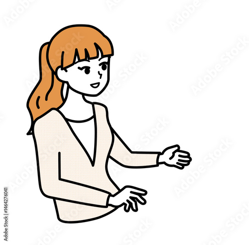 説明をする若い女性の線画シンプルなオレンジのイラスト