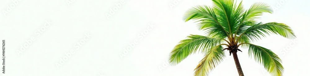 Fototapeta premium Single coconut palm tree, lush green leaves, white background, white background, vibrant green