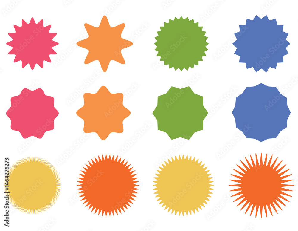 Fototapeta premium Star round sticker tag icon shape set, featuring circle and starburst label designs. Perfect for promotions, sales, price offers, and badges. Vibrant vector icons ideal for graphic design, marketing