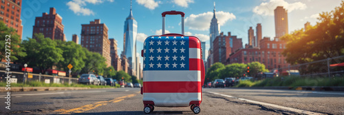 suitcase in american flag colors with new york city in the background
