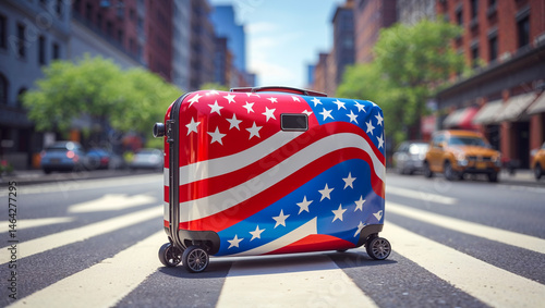 suitcase in american flag colors with new york city in the background
