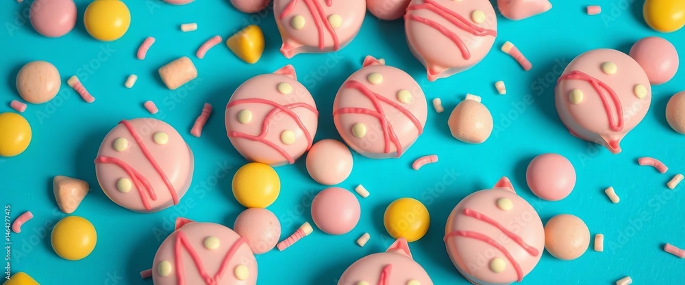Pastel candy coated chocolates scattered on blue background, vibrant playful aesthetic, sweet, texture Pastel candy coated chocolates scattered on blue background, vibrant playful aesthetic, sweet, texture