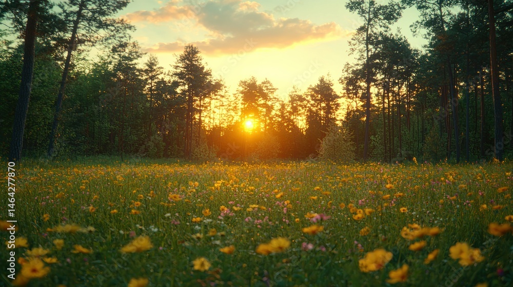 Obraz premium Sunset illuminates a meadow with flowers near forest edge