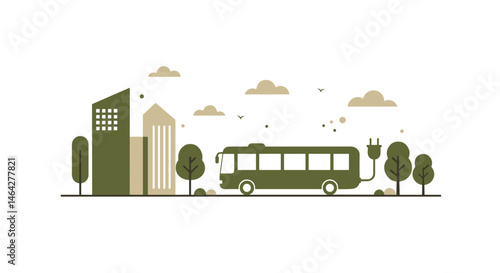 Electric bus on a city street with buildings and trees for sustainable transport and urban development concept