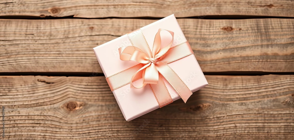 Fototapeta premium Pastel gift box, ribbon, rustic wood, top view, event, wooden