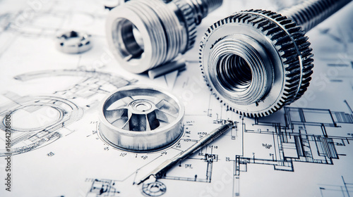 Obraz na płótnie Detailed sketch of a gear mechanism. Blueprint pattern for tech and engineering. Technical drawing of gears. Draft and blueprint for a complex mechanism. Technology concept w salonie