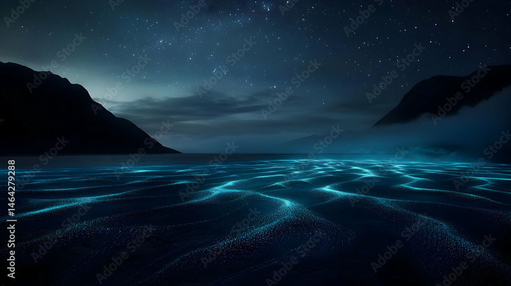 Glowing Bioluminescent Waterscape At Night Glowing Bioluminescent Waterscape At Night