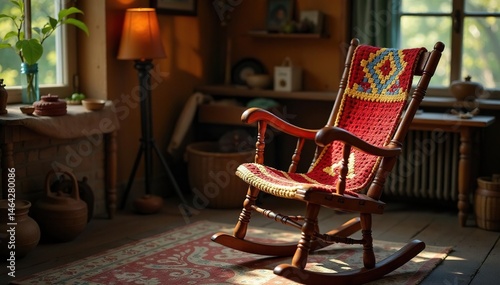 Antique wooden rocking chair, crochet work in progress, grandma, grandmother