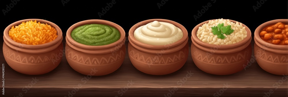 Assorted vibrant Indian cuisine dishes displayed in clay bowls showcasing colorful rice, creamy dips, and flavorful sauces, embodying rich culinary traditions and gastronomic diversity Assorted vibrant Indian cuisine dishes displayed in clay bowls showcasing colorful rice, creamy dips, and flavorful sauces, embodying rich culinary traditions and gastronomic diversity