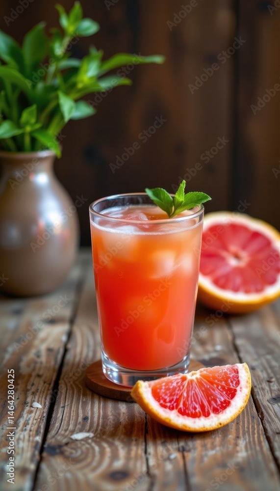 freshly squeezed grapefruit juice in a glass on a wooden table, subject at the bottom with rose gold tones, top half for copy space. freshly squeezed grapefruit juice in a glass on a wooden table, subject at the bottom with rose gold tones, top half for copy space.