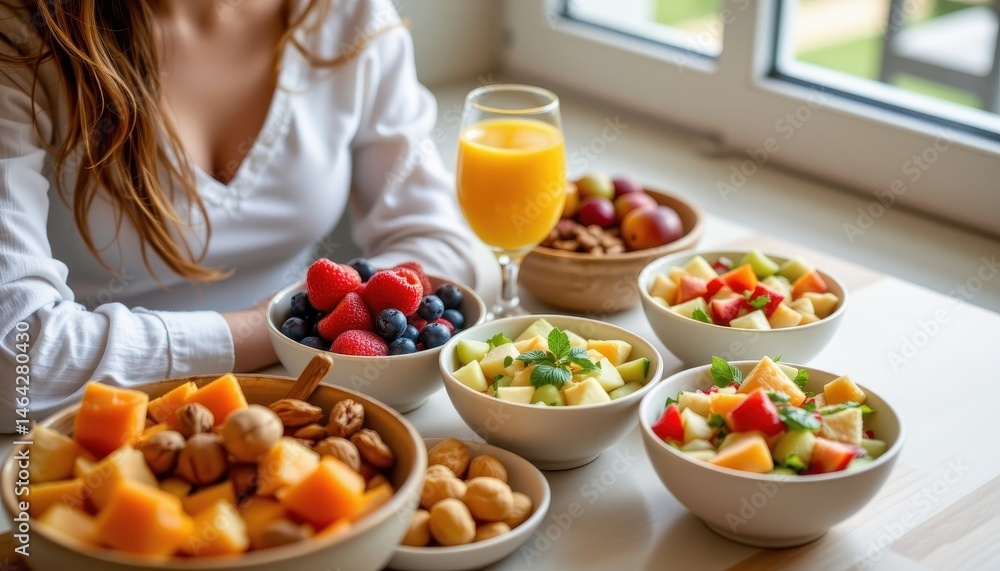 assorted fruits, nuts, and salad in bowls with a glass of orange juice, subject positioned on the left side under natural light from a window assorted fruits, nuts, and salad in bowls with a glass of orange juice, subject positioned on the left side under natural light from a window
