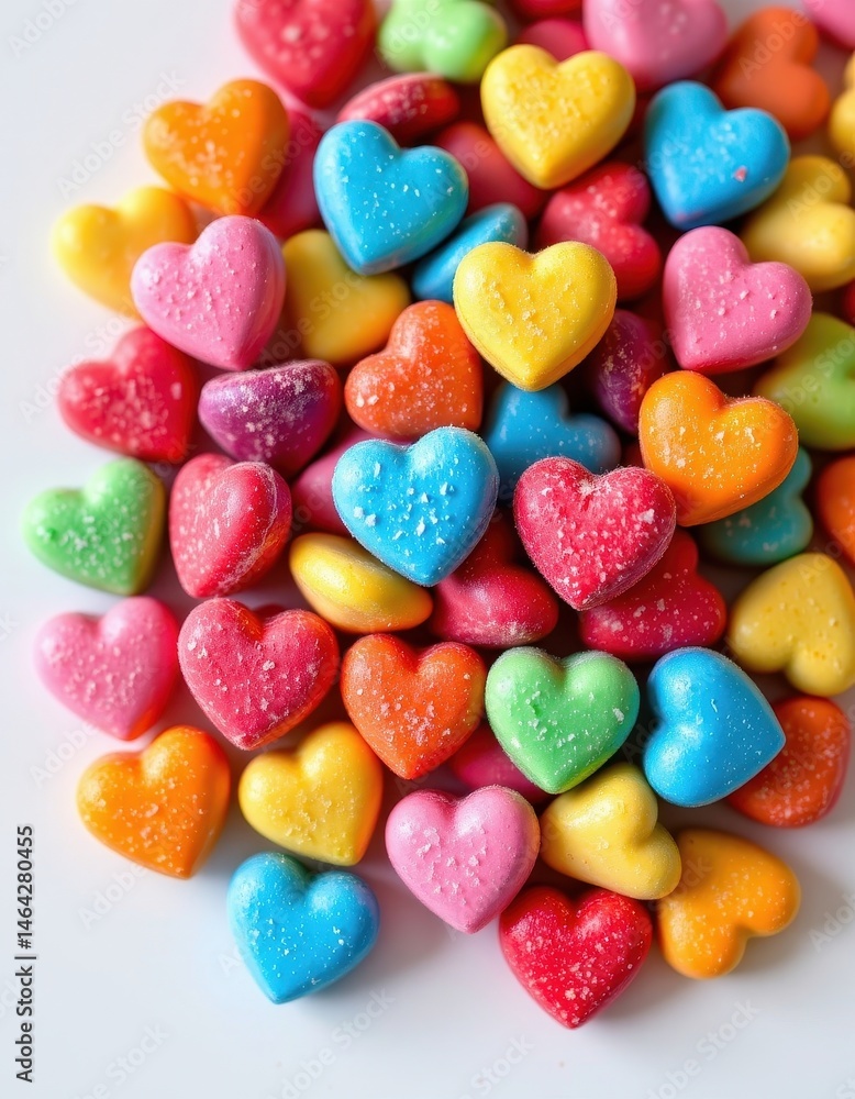 colorful heart shaped candies coated with sugar, perfect for valentines day, position candies at the top with clear copy space at the bottom for photos. colorful heart shaped candies coated with sugar, perfect for valentines day, position candies at the top with clear copy space at the bottom for photos.