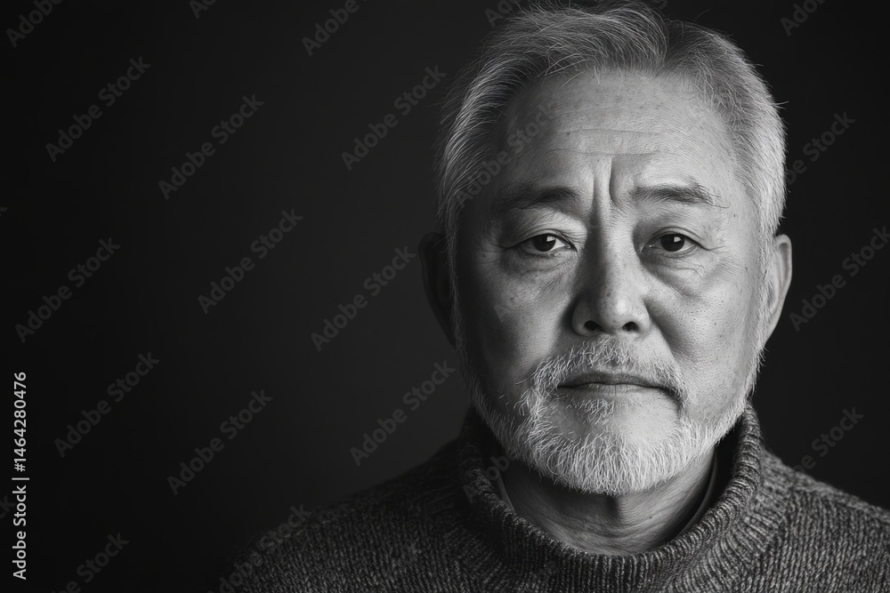 Obraz premium Elderly man with thoughtful expression illuminated softly against dark backdrop