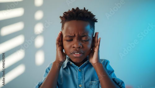 Neurodivergent autistic black boy child kid covering ears, autism spectrum sensory overload, hypersensitivity, distress, overwhelming sensory input facial expression.
