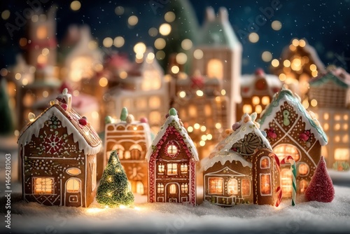 Wallpaper Mural Festive gingerbread houses decorated with icing and candy, glowing warmly with lights, create a magical winter holiday scene. Torontodigital.ca