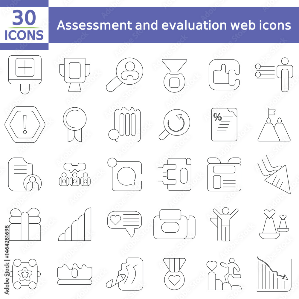 Assessment and evaluation web icons set in thin line design. Pack of auditor, presentation, report, results, target, satisfaction, Assessment and evaluation web icons set in thin line design. Pack of auditor, presentation, report, results, target, satisfaction,