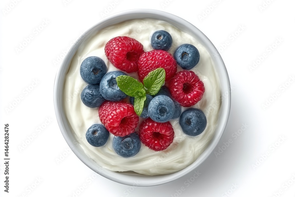 A bowl of creamy yogurt topped with fresh blueberries, raspberries, and a sprig of mint on a white background. A bowl of creamy yogurt topped with fresh blueberries, raspberries, and a sprig of mint on a white background.