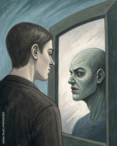 A halfformed figure emerging from a mirror suggesting the duality of the self and the perception of inner flaws manifesting as monstrous features in a distorted reflection.