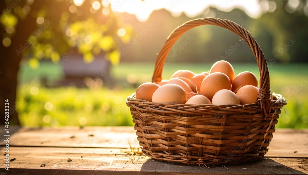 Brown Eggs in Basket on Wood Table Brown Eggs in Basket on Wood Table