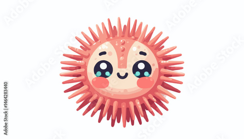 This funny face design features a red and yellow circular icon resembling a cartoon urchin with an eye-like pattern