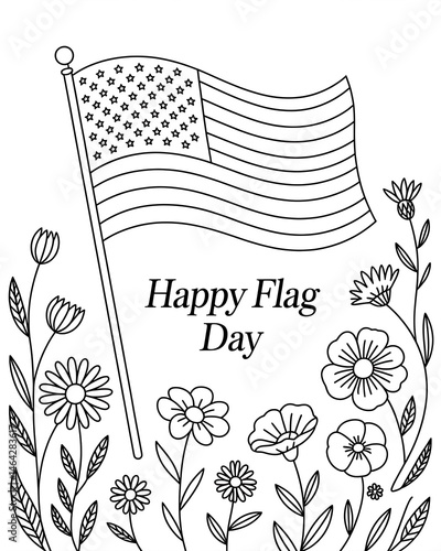Happy Flag Day Coloring Page with Flowers