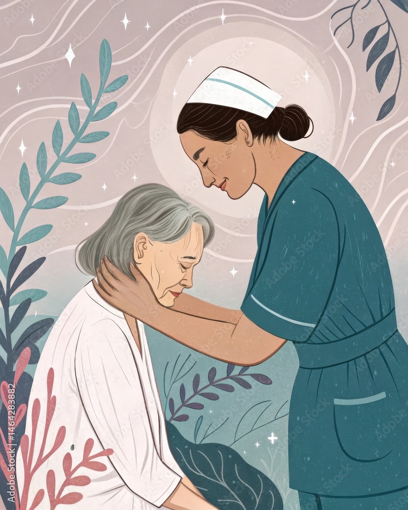 A nurse gently comforts a patient in pain demonstrating compassion through both physical care and emotional support.