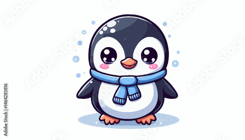 A cute cartoon penguin enjoys a cold ice cream treat in a snowy winter illustration