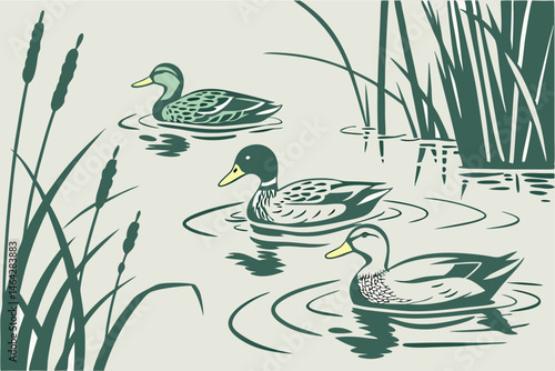 101 Photorealistic painting, three mallard ducks swimming, tranquil pond, rippling water, cattails, reeds, soft lighting, muted colors, wildlife illustration, detailed feathers, reflections on water s