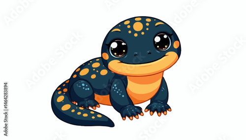 A funny green cartoon newt, a cute reptile amphibian with a smile, isolated on white