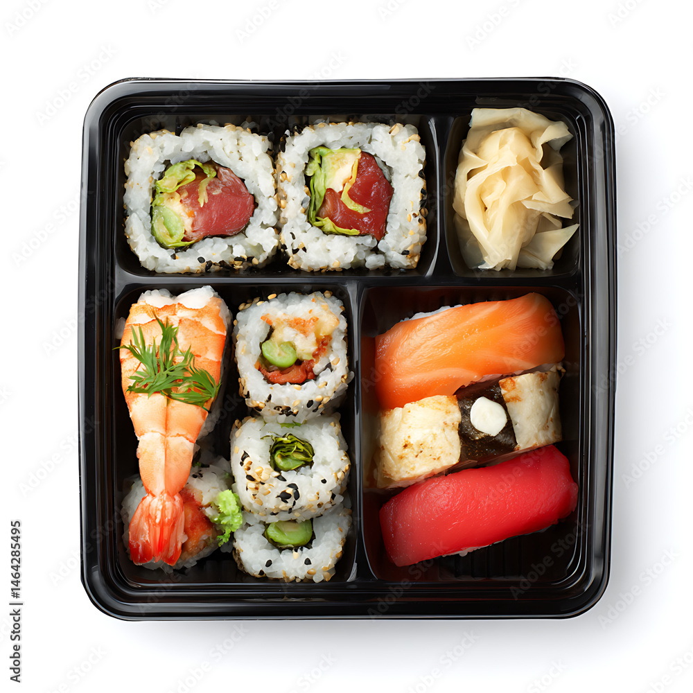 Sushi box arranged with various elements