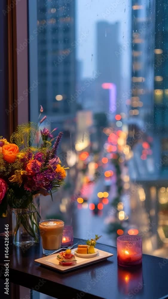 romantic setup with desserts, candles and flowers near window with city view and it's raining romantic setup with desserts, candles and flowers near window with city view and it's raining