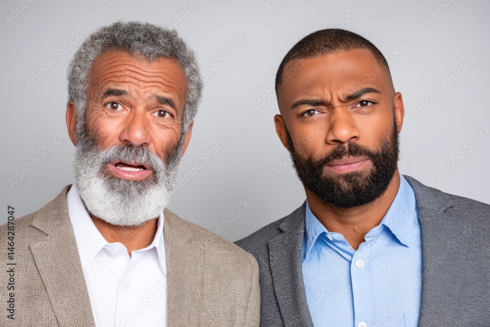 Two men expressing surprise in formal attire with striking facial hair against a neutral backdrop showcasing contrasting emotions and authenticity captured with clarity Two men expressing surprise in formal attire with striking facial hair against a neutral backdrop showcasing contrasting emotions and authenticity captured with clarity