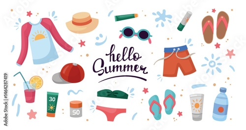 Beach holidays concept. Flat design, cartoon illustration. Hello Summer hand drawn lettering. Beach accessories, elements. Strokes of sunscreen cream. Beach holidays concept. Flat design