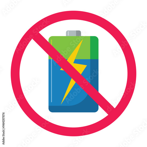 Forbidden sign with battery icon, no battery sign, batteries prohibition sign, flat icon design vector illustration