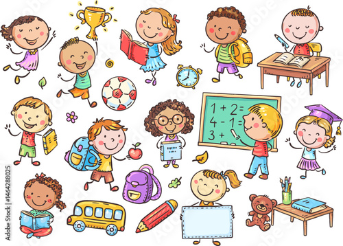 Clipart set with cute kids. School children with books and school supplies. Cartoon kids characters in different situations. Classroom, learning and education graphics