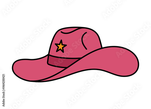 Pink core Cowboy hat. Sheriff western and wild west theme concept. Hand drawn vector illustration. Doodle icon. Pink cowgirl hat