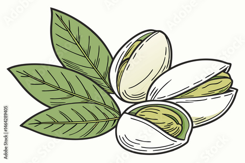104 Realistic pistachio nuts, Detailed green pistachio kernels, Cracked pistachio shells, Vibrant green leaves, Photorealistic texture, High-resolution food photography, Soft natural lighting, White b
