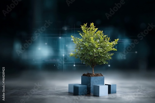 Green Growth Technology Business Concept Showing a Thriving Plant on Cubes Representing Sustainable Development and Innovation