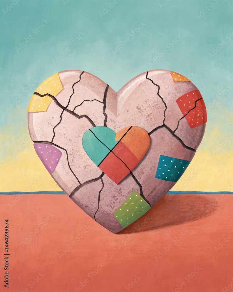 A broken clay heart being mended with colorful patches representing healing through cognitive restructuring and nurturing selfcompassion.