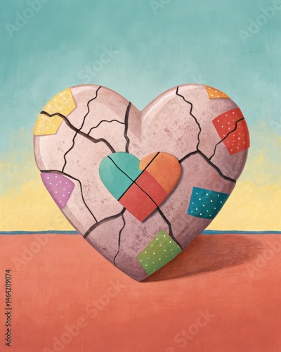 Obraz na płótnie A broken clay heart being mended with colorful patches representing healing through cognitive restructuring and nurturing selfcompassion. w salonie