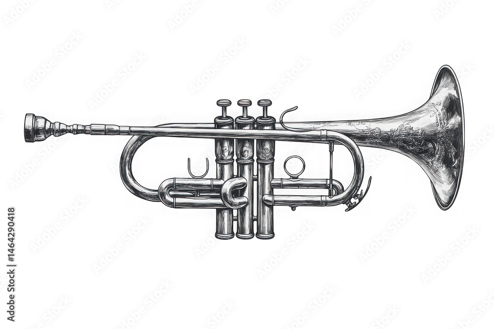 Obraz premium Detailed illustration of a silver trumpet musical instrument on transparent background