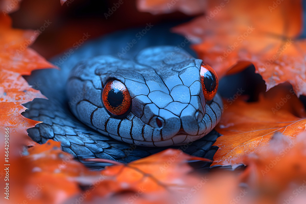 Striking Blue Snake Amid Vibrant Autumn Leaves Nature's Bold Harmony