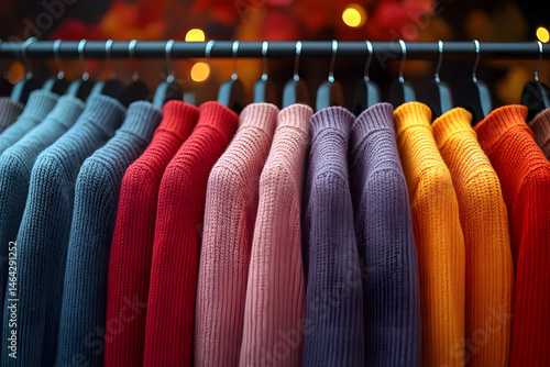 Obraz na płótnie Colorful Knit Sweaters on Display - Vibrant Fashion for Autumn Wardrobe w salonie