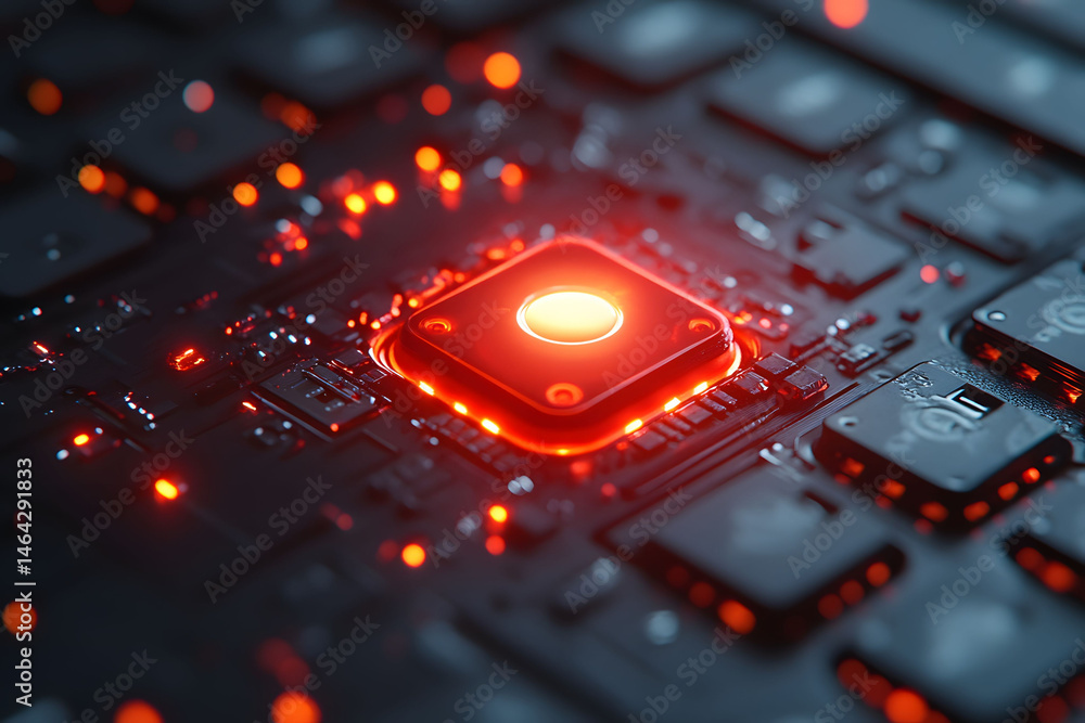 Futuristic Tech Microchip with Glowing Red Light - Abstract Digital Technology Design