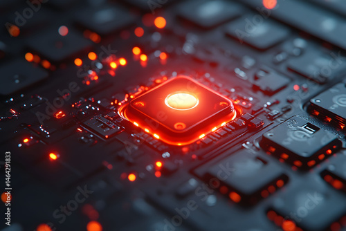 Obraz na płótnie Futuristic Tech Microchip with Glowing Red Light - Abstract Digital Technology Design w salonie