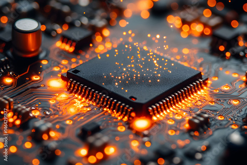 Obraz na płótnie Technology Innovation: Close-Up of a Microchip on a Glowing Circuit Board for Digital Design w salonie
