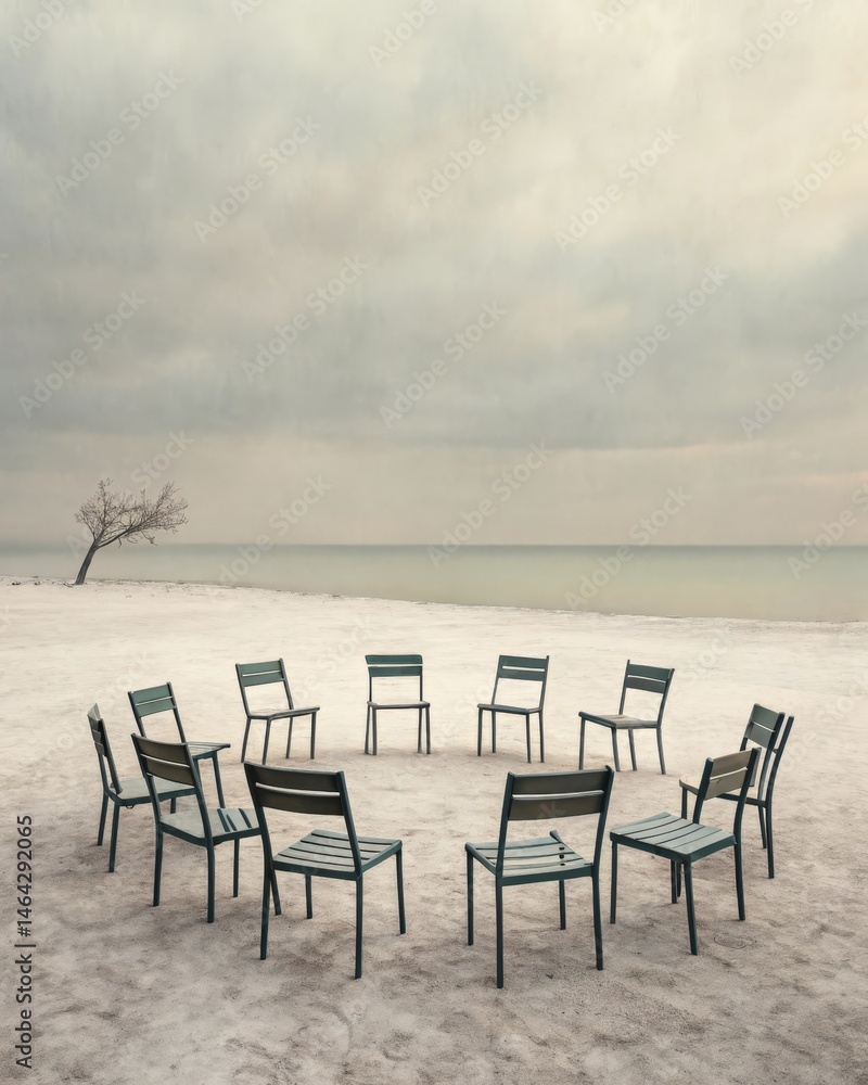 A series of empty chairs in a circle signifying isolation in social situations and the absence of companionship that often accompanies depression.