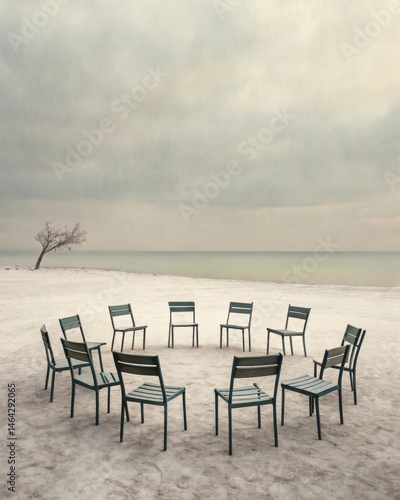 Obraz na płótnie A series of empty chairs in a circle signifying isolation in social situations and the absence of companionship that often accompanies depression. w salonie