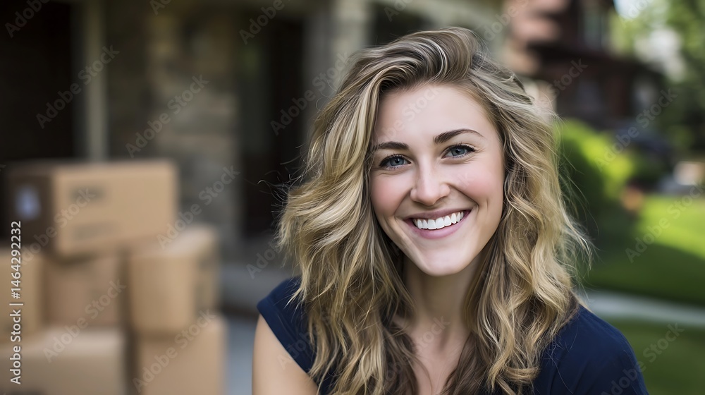 Young woman smiles amid moving boxes, embracing a fresh start with optimism. Young woman smiles amid moving boxes, embracing a fresh start with optimism.